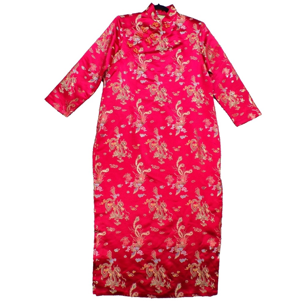 Vintage 60s Cheongsam Qipao Dress Handmade Red Brocade Dragons L 70's MCM Bridal